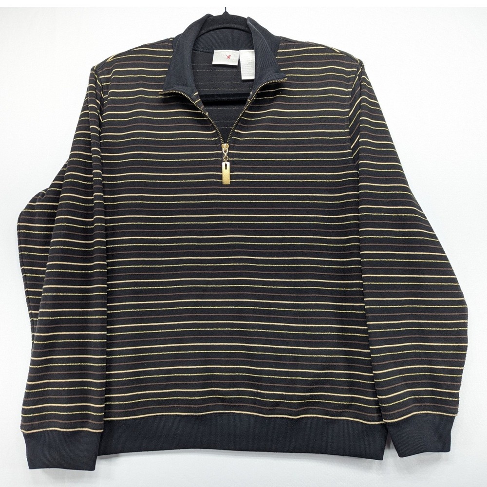 Koret K-Wear Mens Large Black Tan Striped Quarter Zip Mock Neck Pullover Sweater